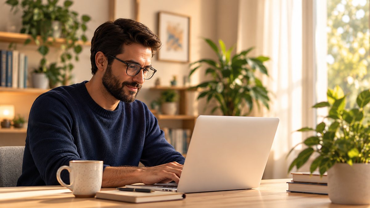Terapeuta con lentes trabajando en su computador portátil en un espacio cálido y luminoso.