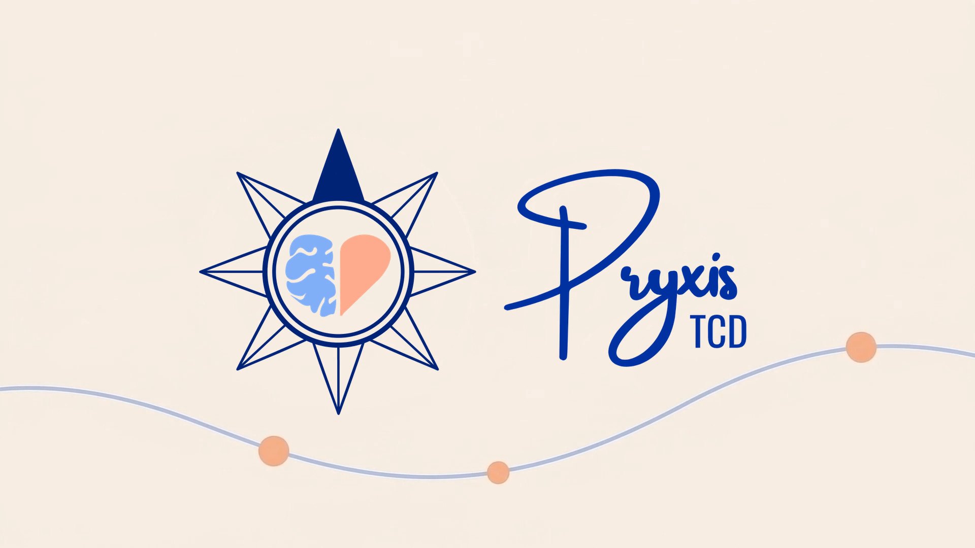 Brújula y logotipo oficial de Pryxis TCD sobre fondo marfil, con la línea azul de conexión.