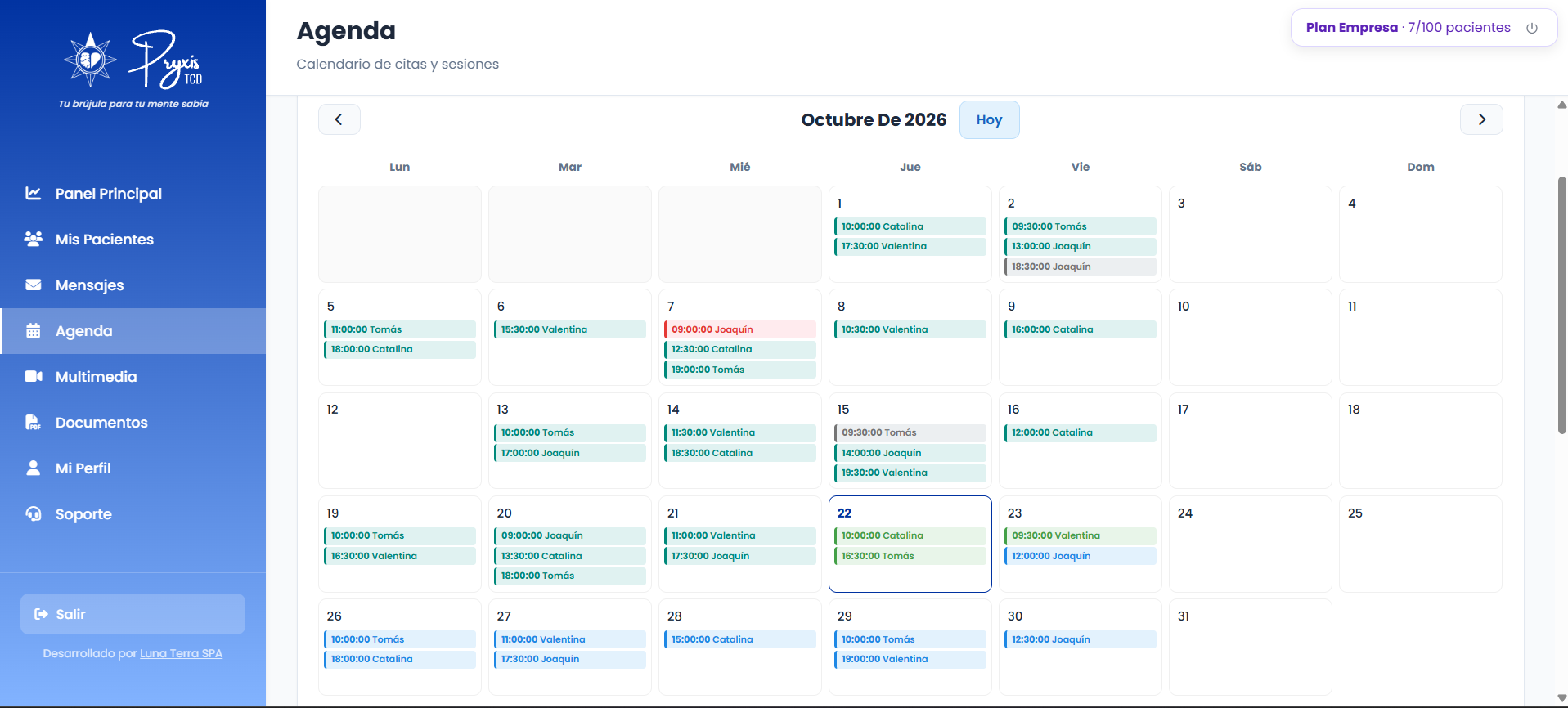 Panel del terapeuta en Pryxis: Agenda mensual de octubre de 2026 con sesiones de consultantes de prueba.