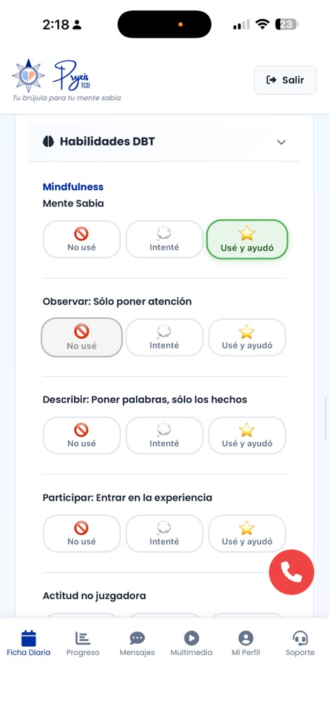 App del consultante en Pryxis: registro de Habilidades DBT de Mindfulness con las opciones No usé, Intenté y Usé y ayudó.
