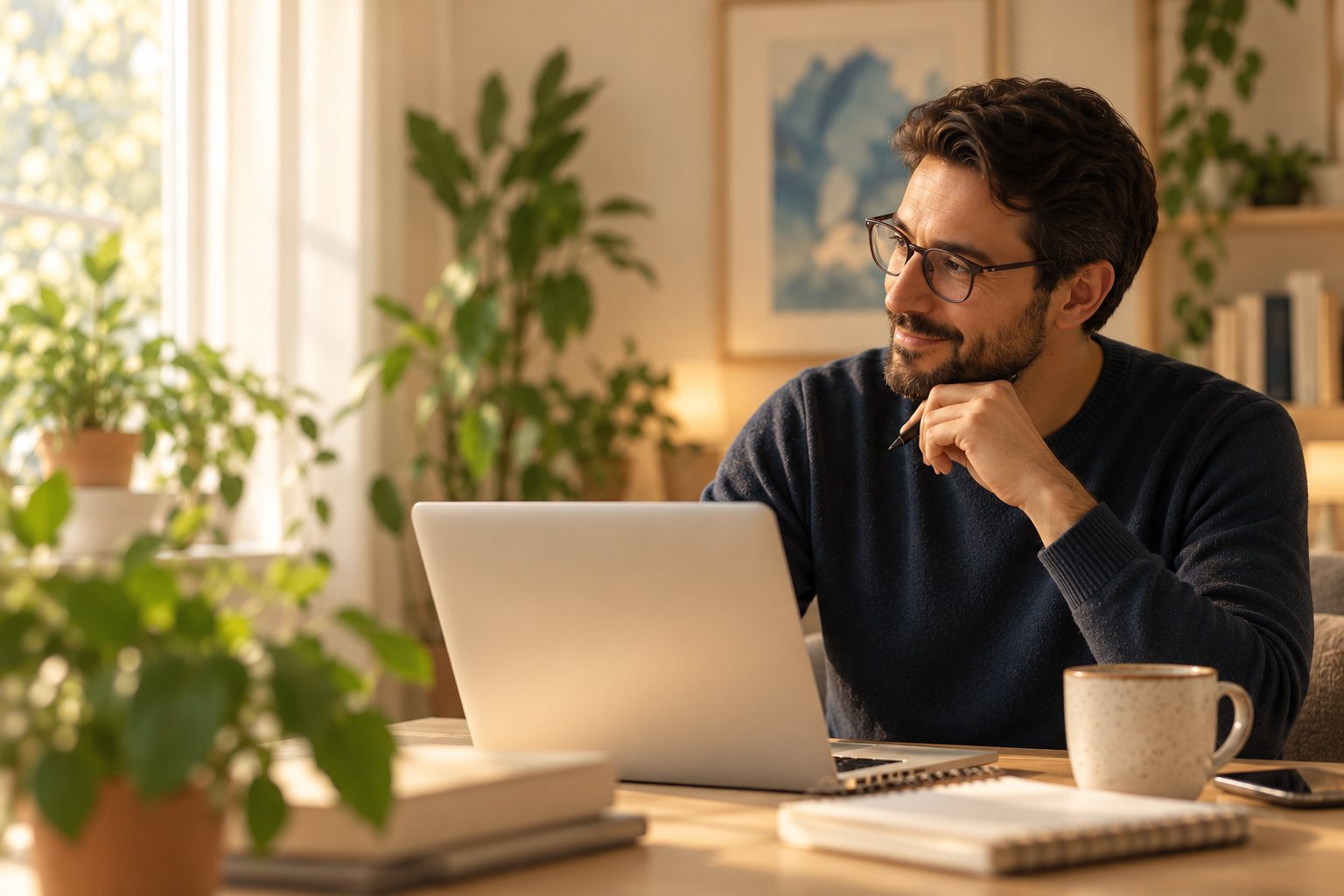 Terapeuta frente a su computador, pensativo y sonriente, preparando la sesión.